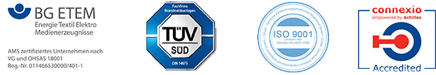 Zertifikate und Prüfsiegel der Profunk: BG ETEM, TÜV Süd, ISO 9001, connexio